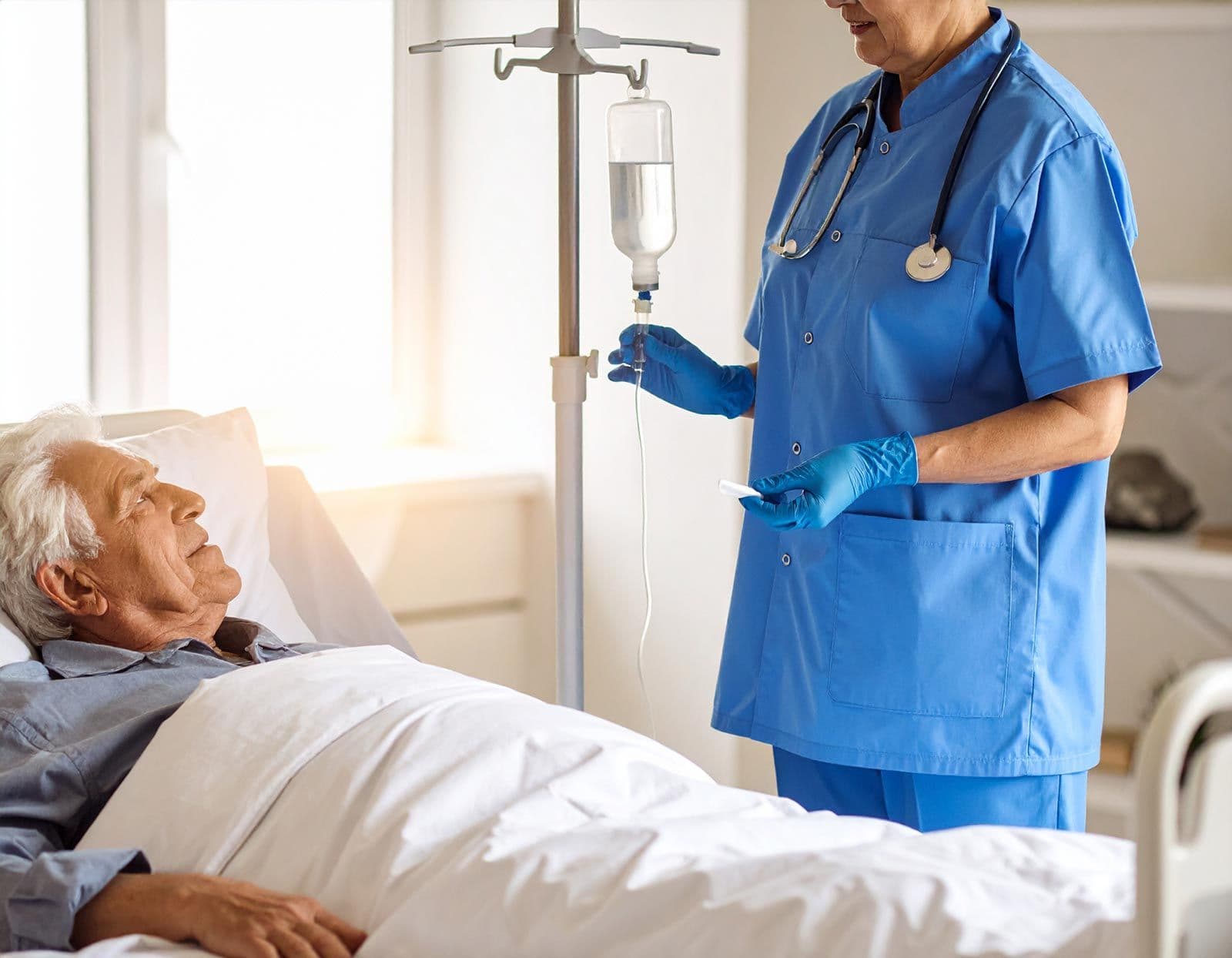 Pflegekraft legt einem älteren Mann im Krankenhausbett eine Infusion an