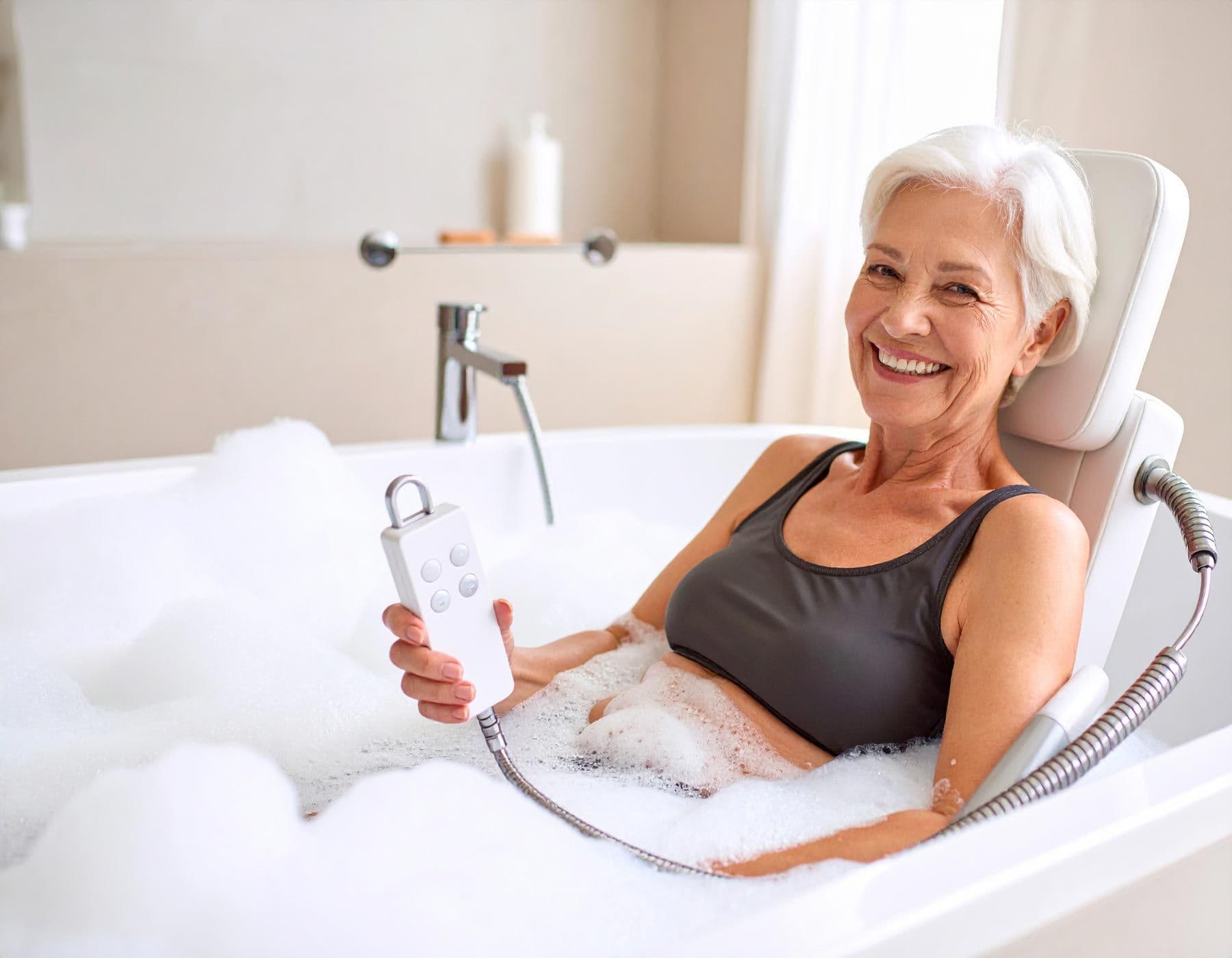 Seniorin in einer Badewanne mit Schaum, hält eine Fernbedienung für einen Badewannenlifter
