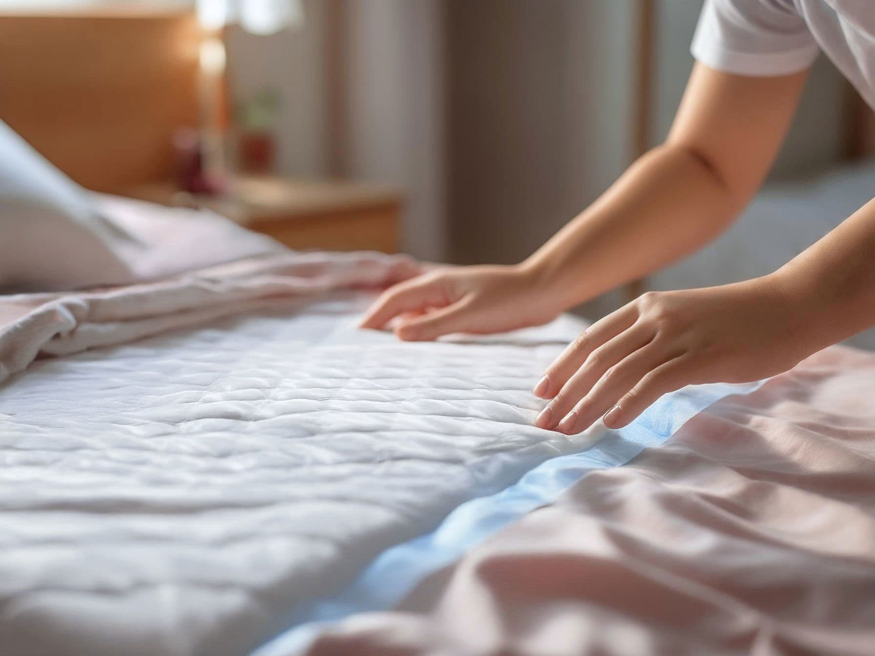 Person legt Bettschutzeinlage auf Bett aus