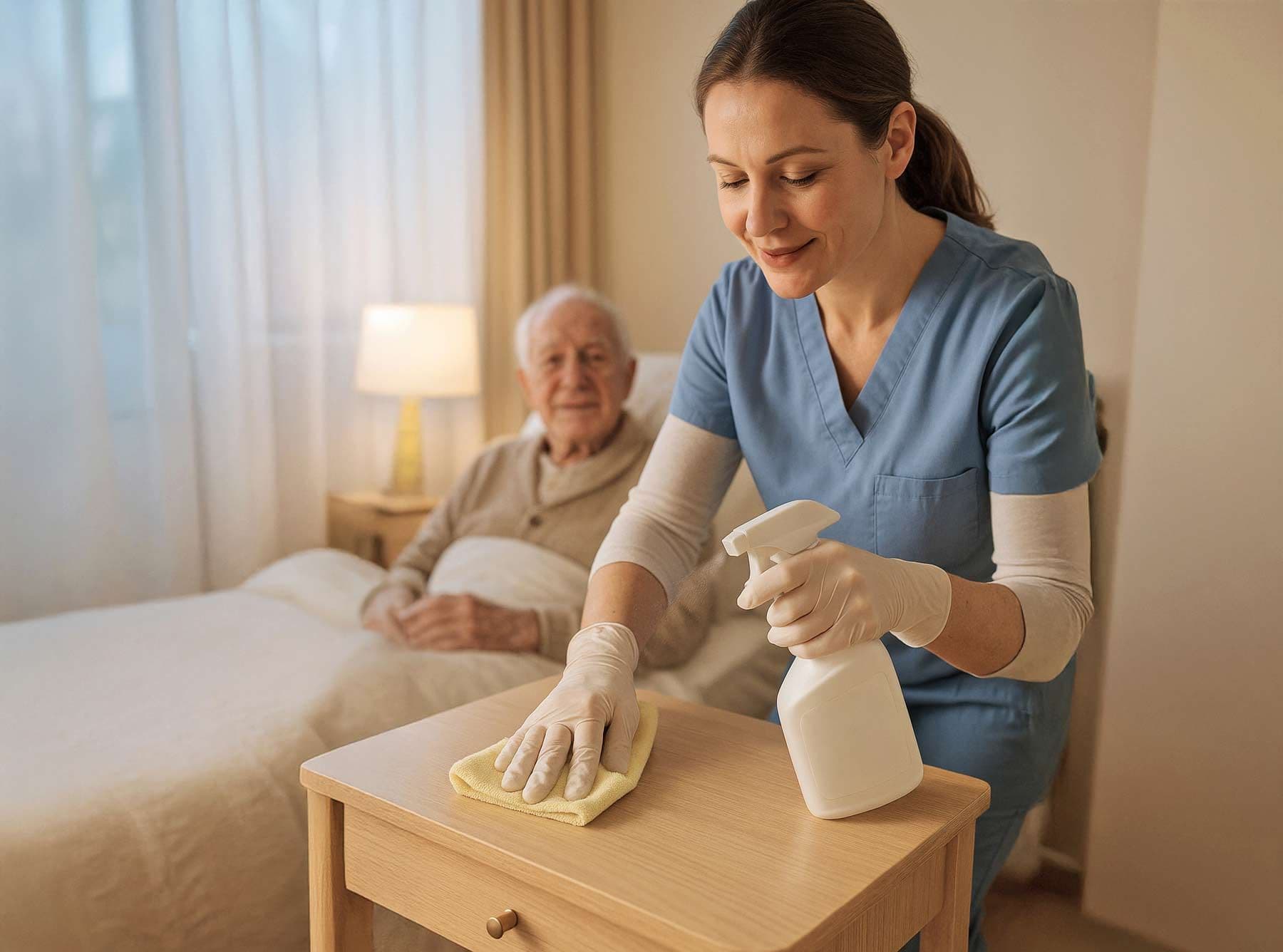 Pflegekraft putzt mit Einmalhandschuhen