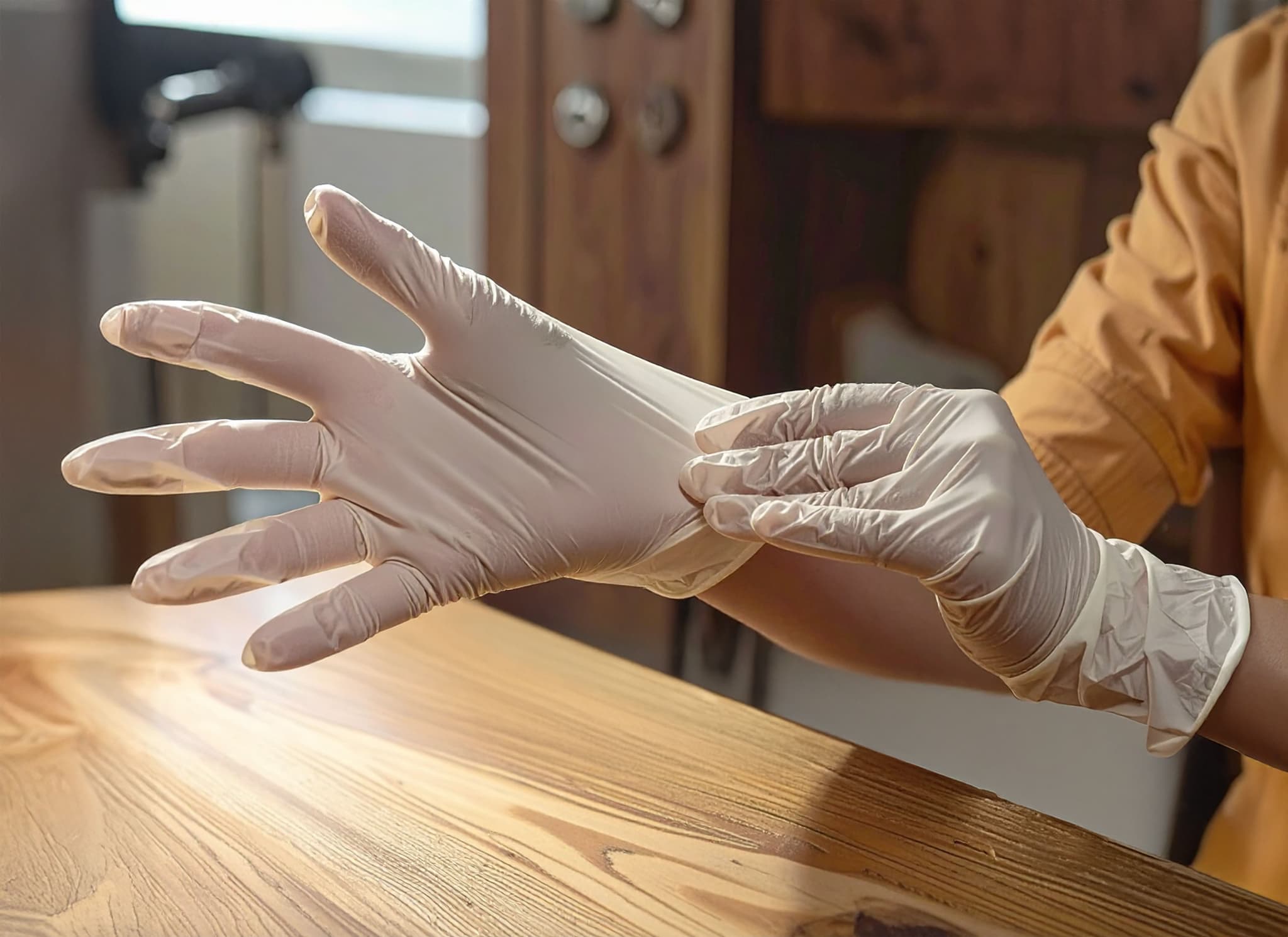 Arzt zieht Einweghandschuhe an