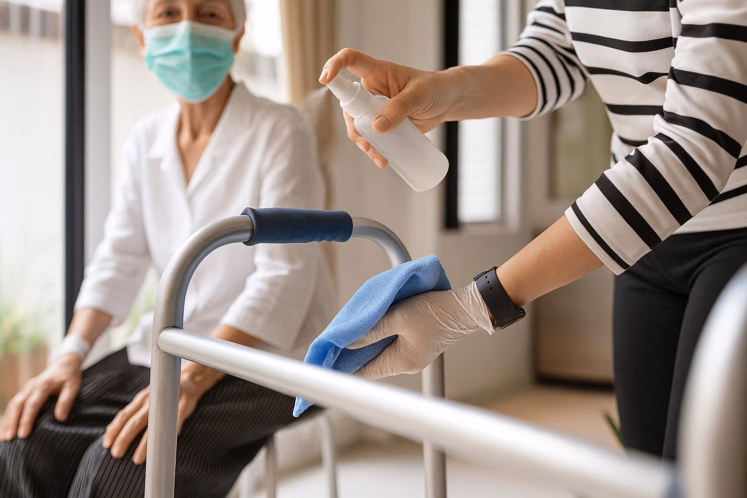 Pflegekraft benutzt Flaechendesinfektionsmittel