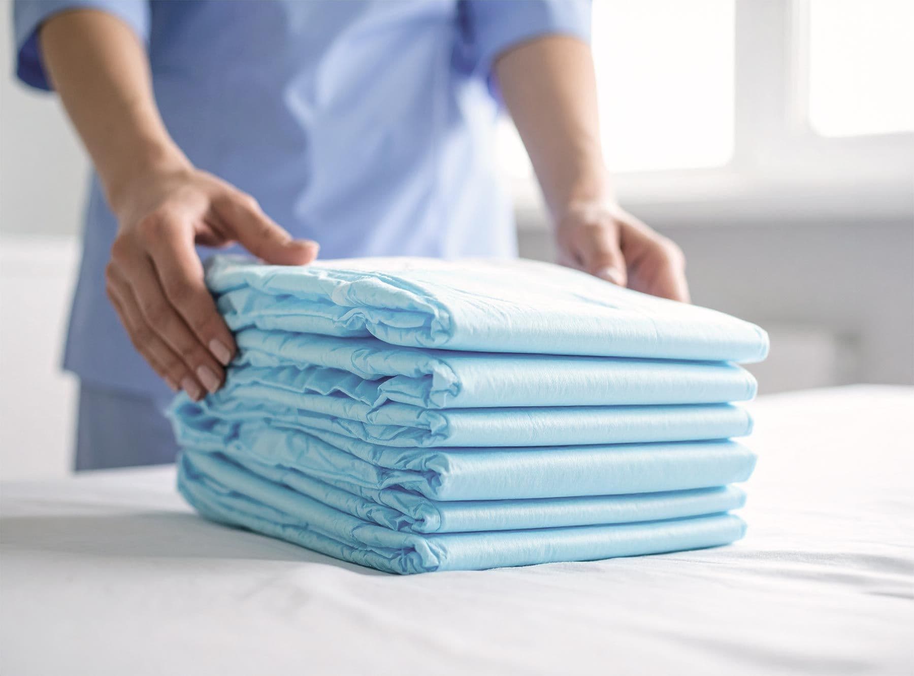 Pflegekraft legt Bettschutzeinlagen auf ein Bett