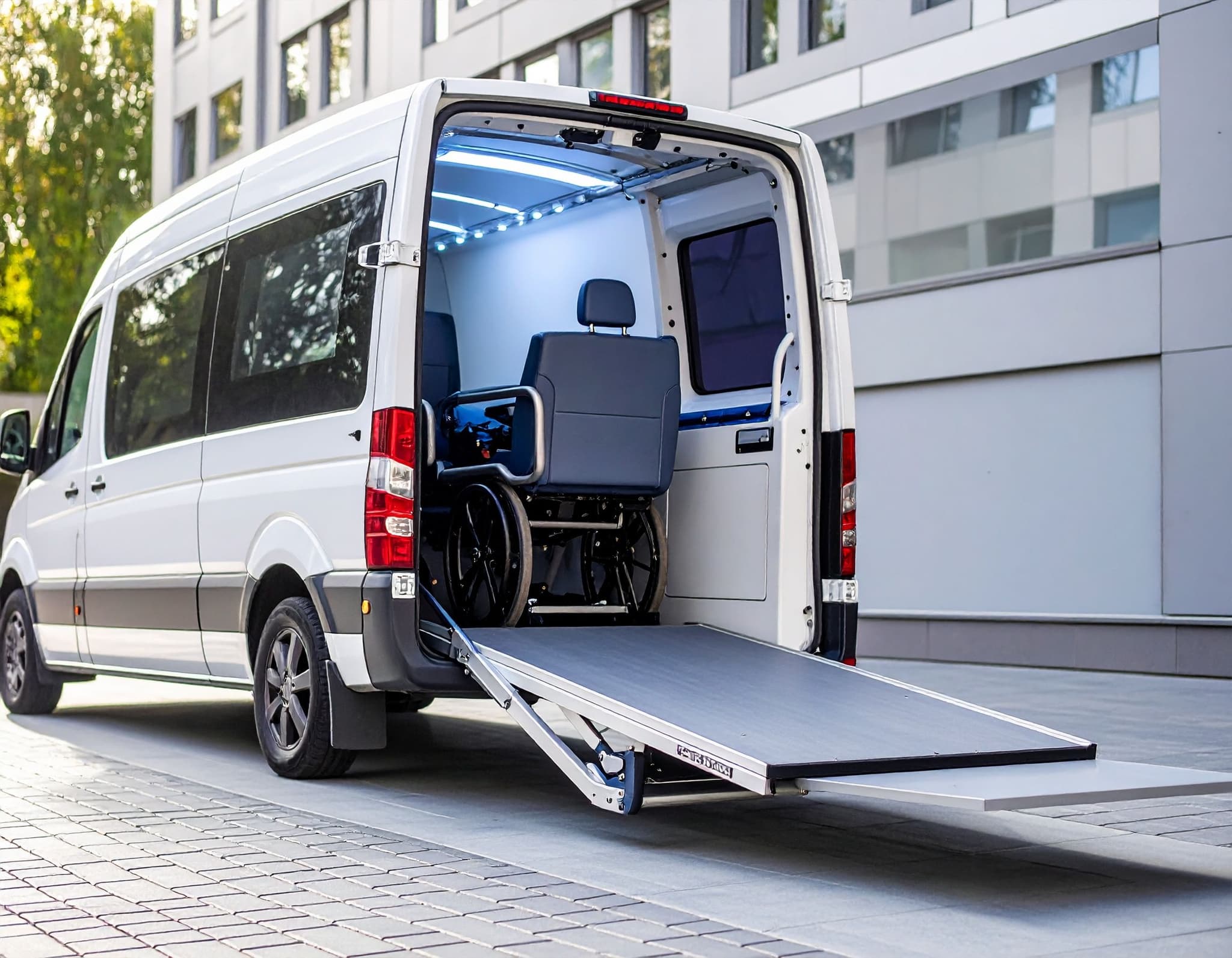 Krankentransporter mit Rollstuhl auf ausgefahrener Rampe