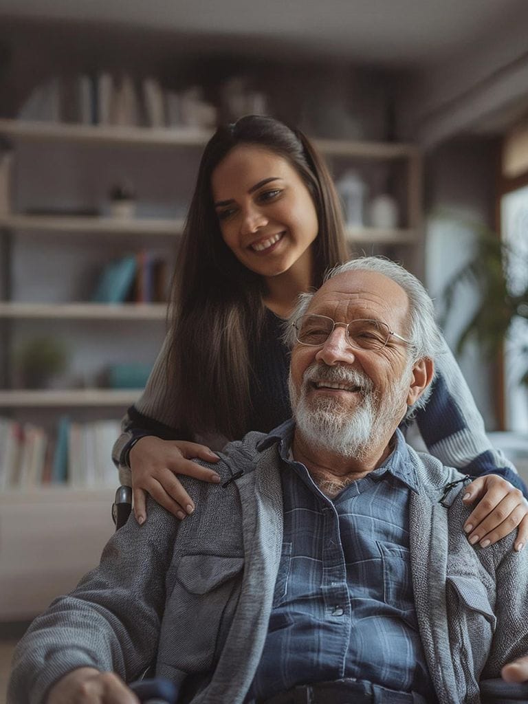 Pflegekraft schiebt älteren Herren im Rollstuhl
