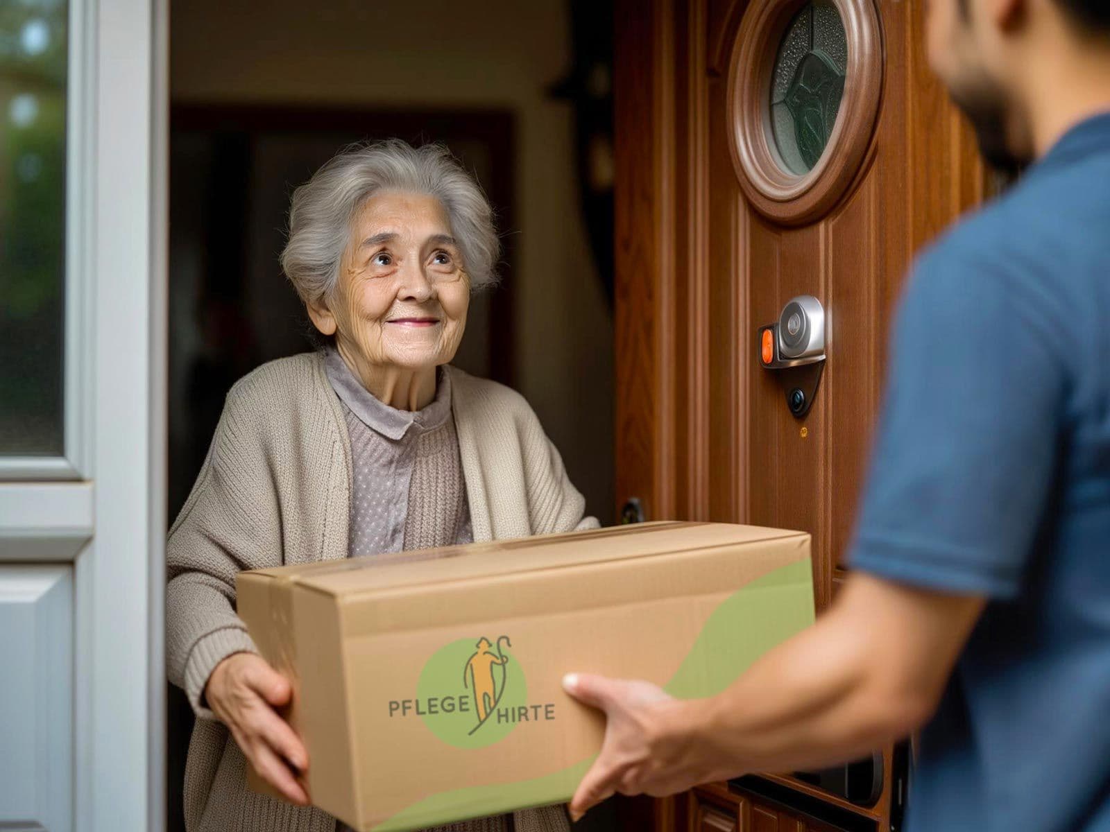 Postbote überreicht Seniorin eine Pflegehirte-Pflegebox