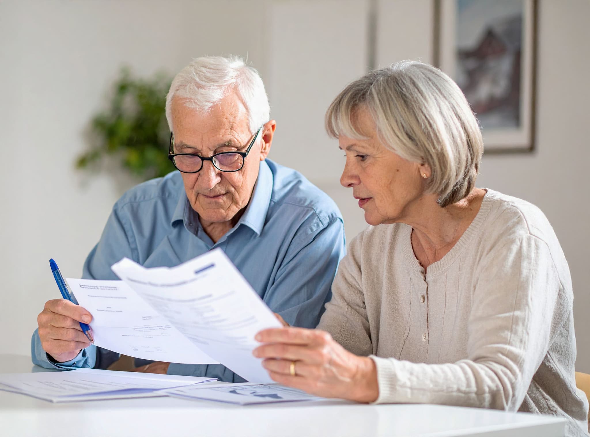 Älteres Paar prüft gemeinsam Dokumente am Tisch
