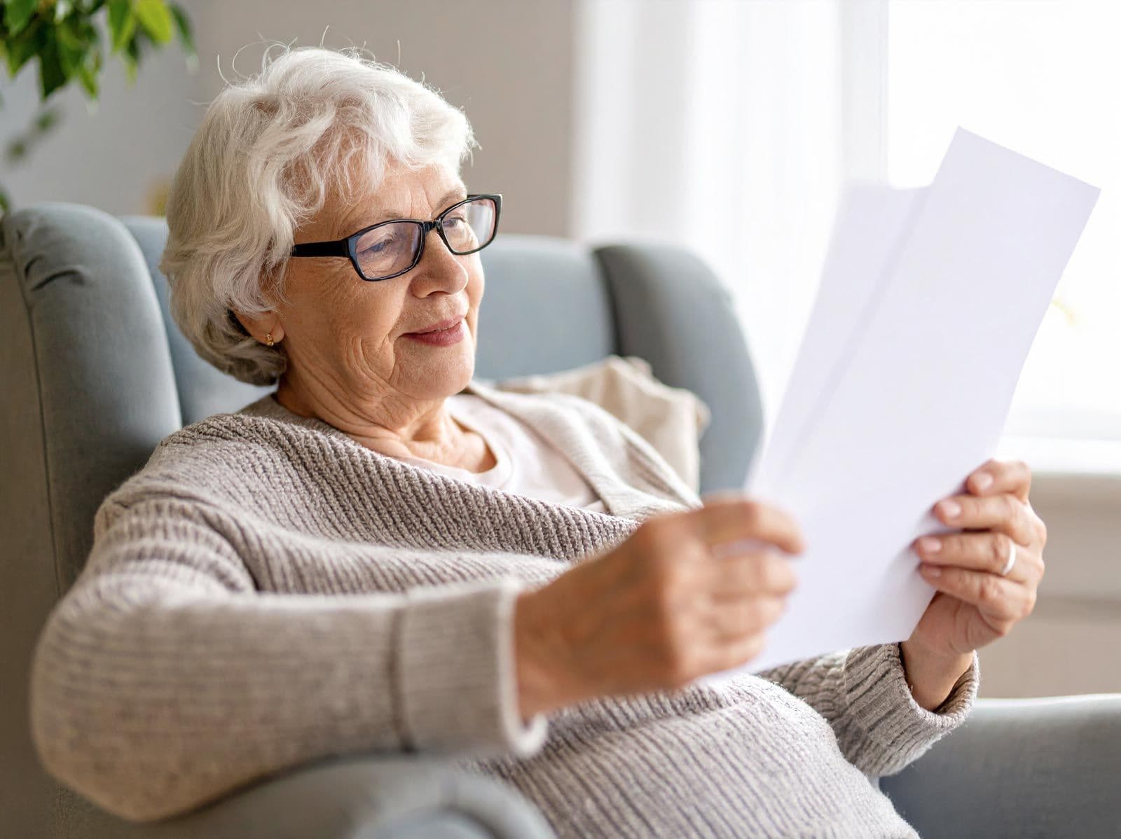 Ältere Frau sitzt in einem Sessel und liest konzentriert Dokumente