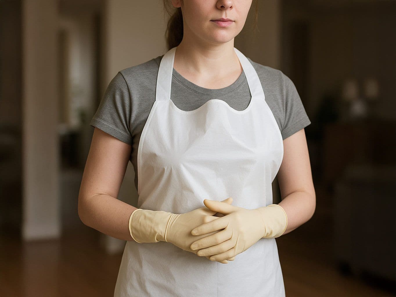 Frau trägt weiße Schutzschürze und gelbe Handschuhe