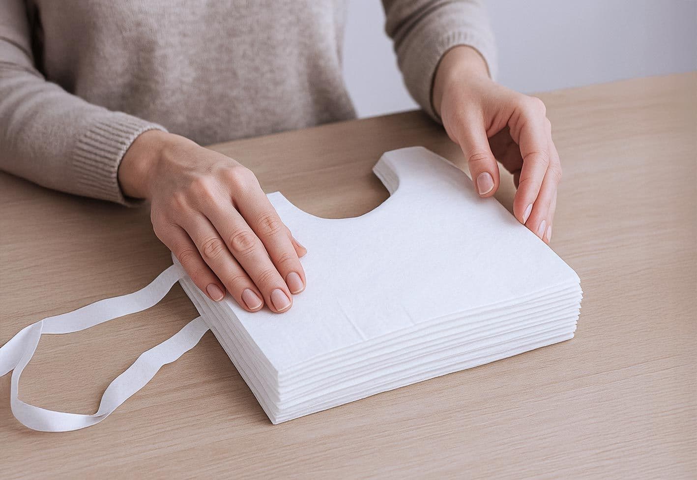 Person legt einen Stapel weiße Schutzservietten auf einen Holztisch