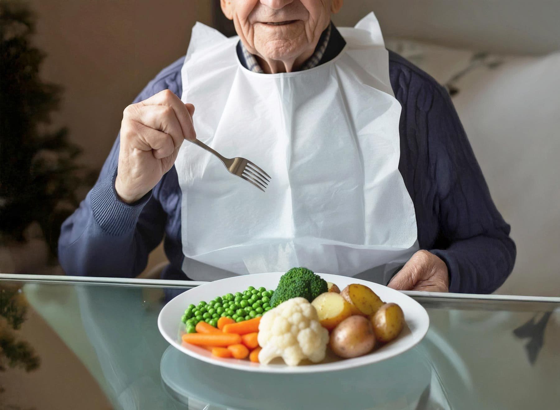 Älterer Mann trägt weiße Schutzserviette beim Essen